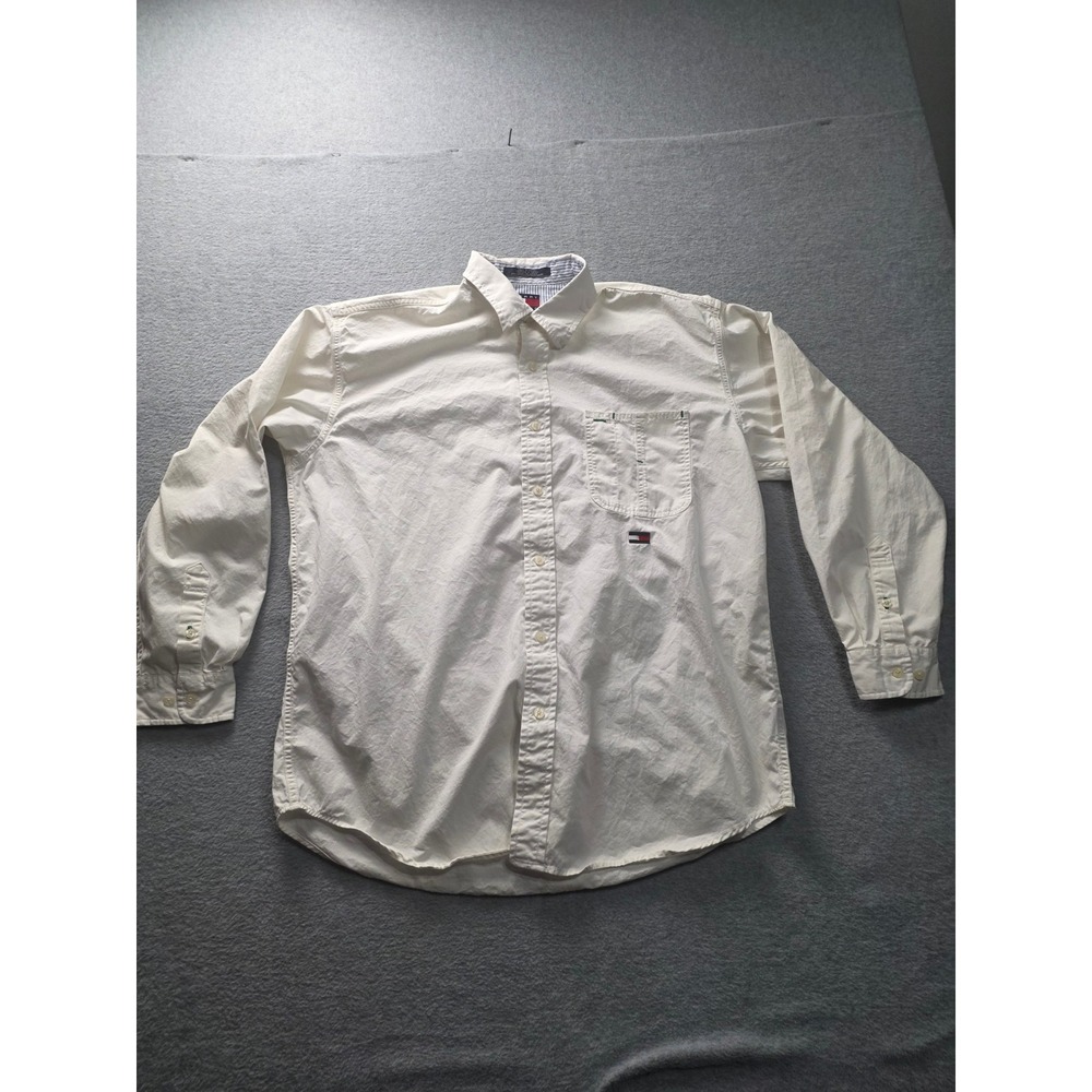 Tommy Jeans Mens Large White Long Sleeve Button‎ Down Cotton Shirt Flag Logo